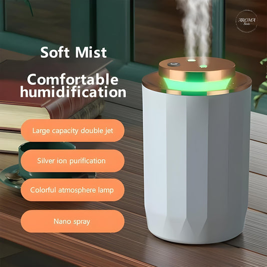 USB Dual Nozzle Humidifier & Diffuser + Night Light - Silent, Nano Mist for Car, Bedroom, Office, Plants - 2 Free Fragrances