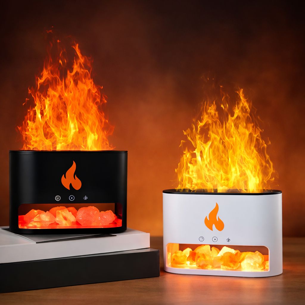 Himalayan Salt Flame Diffuser – 150ML Aroma Humidifier with LED Fire Effect & Timer for Home